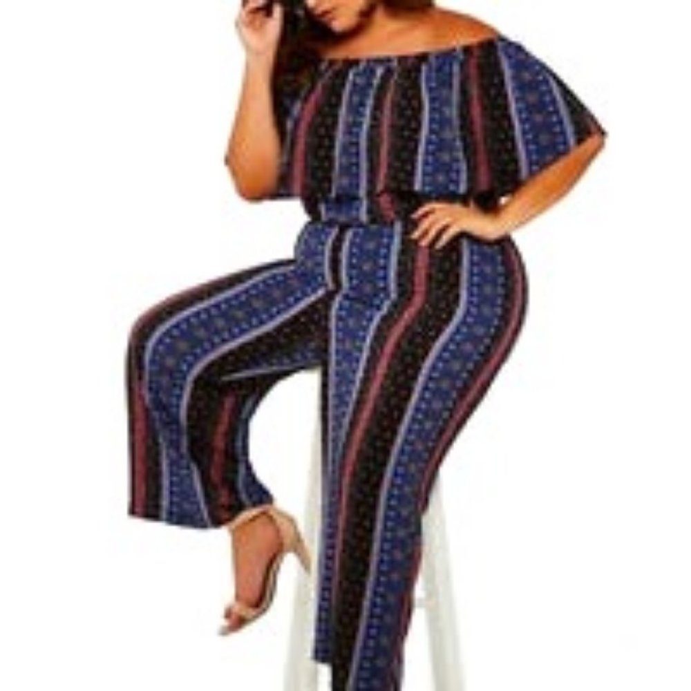 Ashley Stewart Boho Striped Ruffle Top Jumpsuit